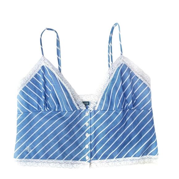 Ralph Lauren Blue White Striped Cotton Camisole Top | Lace Trim Summer Button up - Picture 2 of 16